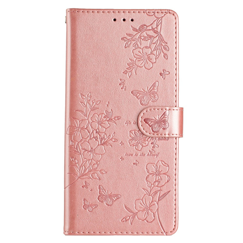 For Xiaomi Poco M8 Pro 5G / Redmi Note 15 Pro+ 5G (Global) Wallet Phone Case Butterfly Floral Imprint Leather Flip Cover with Strap - Rose Gold