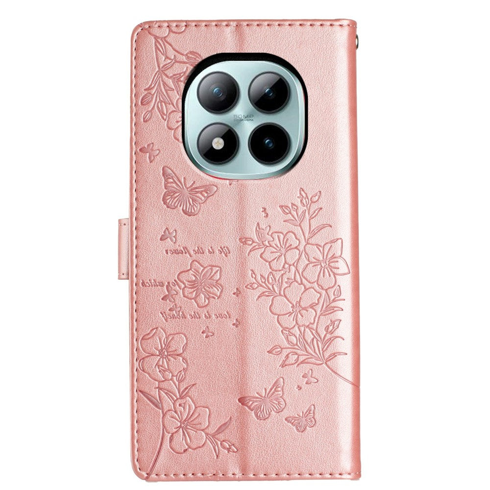 For Xiaomi Poco M8 Pro 5G / Redmi Note 15 Pro+ 5G (Global) Wallet Phone Case Butterfly Floral Imprint Leather Flip Cover with Strap - Rose Gold