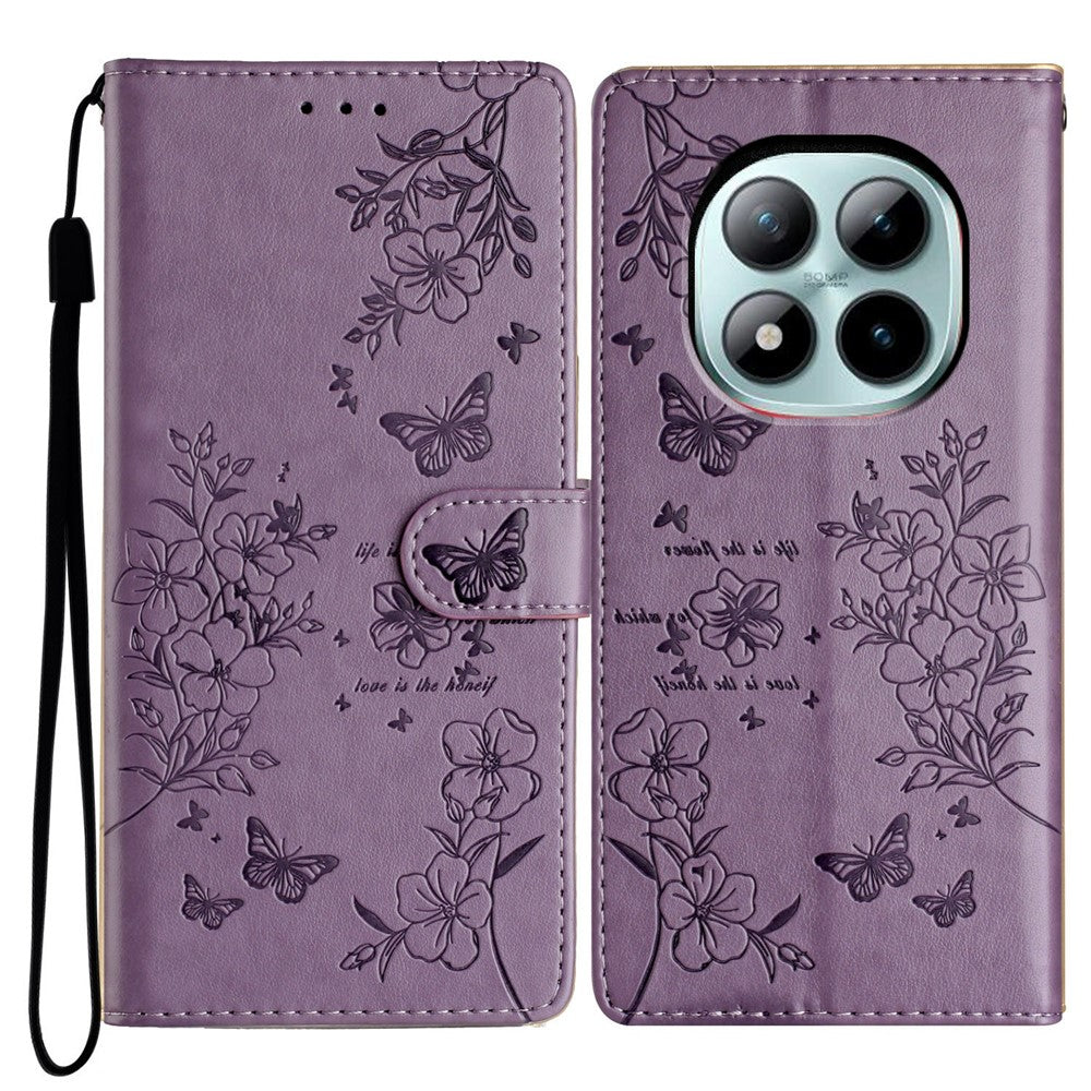 For Xiaomi Poco M8 Pro 5G / Redmi Note 15 Pro+ 5G (Global) Wallet Phone Case Butterfly Floral Imprint Leather Flip Cover with Strap - Purple