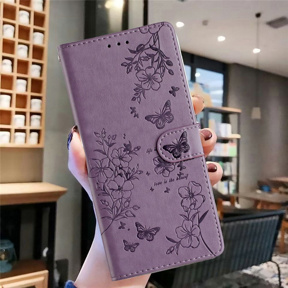 For Xiaomi Poco M8 Pro 5G / Redmi Note 15 Pro+ 5G (Global) Wallet Phone Case Butterfly Floral Imprint Leather Flip Cover with Strap - Purple
