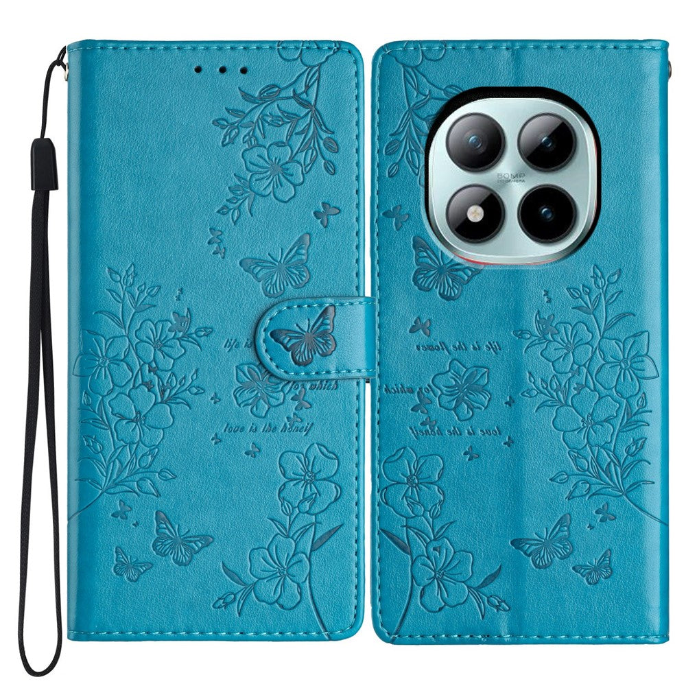 For Xiaomi Poco M8 Pro 5G / Redmi Note 15 Pro+ 5G (Global) Wallet Phone Case Butterfly Floral Imprint Leather Flip Cover with Strap - Blue