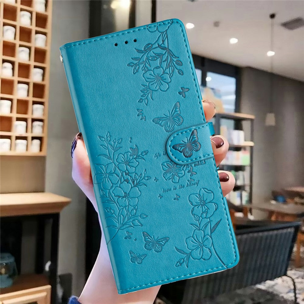 For Xiaomi Poco M8 Pro 5G / Redmi Note 15 Pro+ 5G (Global) Wallet Phone Case Butterfly Floral Imprint Leather Flip Cover with Strap - Blue
