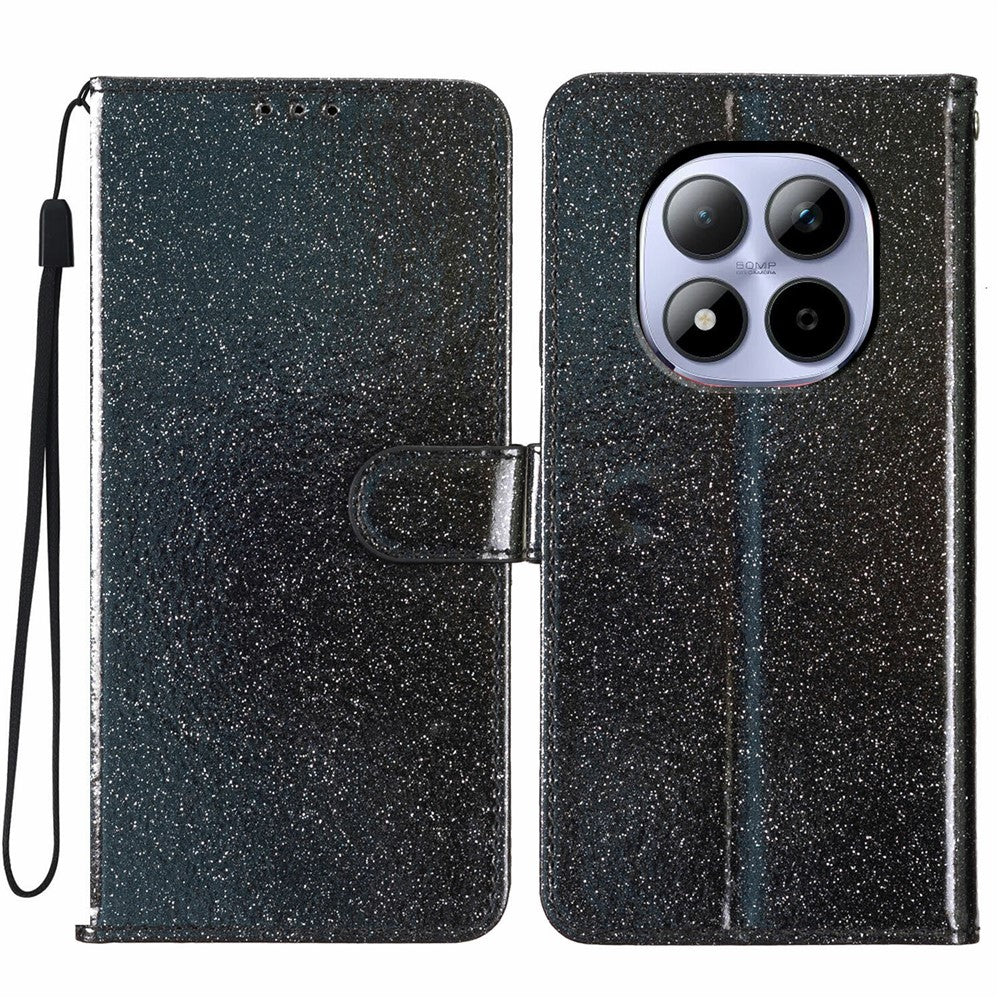 For Xiaomi Redmi Note 15 Pro 5G (Global) Wallet Case Glitter Anti-Scratch Leather Stand Phone Cover with Strap - Black