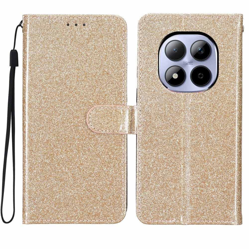 For Xiaomi Redmi Note 15 Pro 5G (Global) Wallet Case Glitter Anti-Scratch Leather Stand Phone Cover with Strap - Gold
