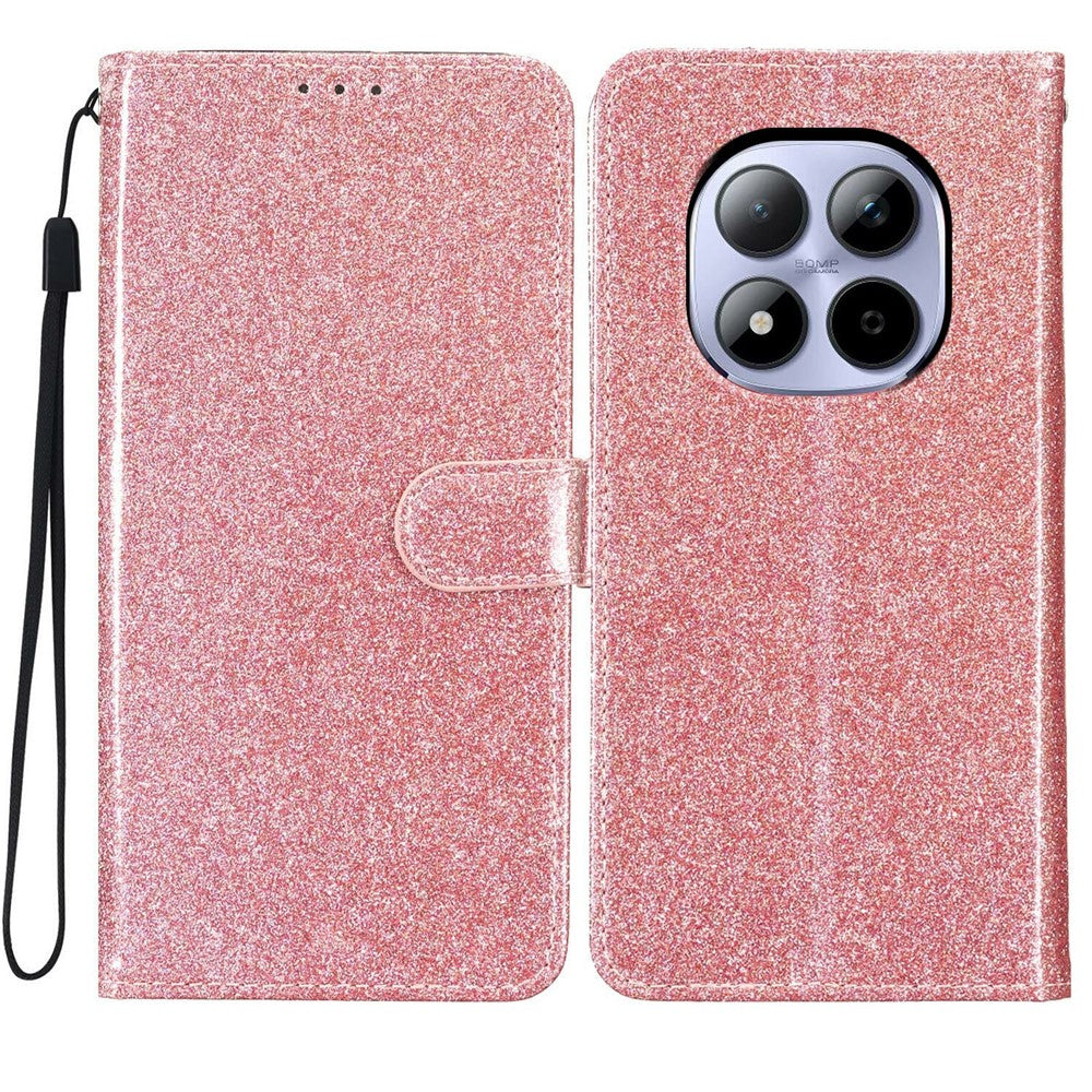 For Xiaomi Redmi Note 15 Pro 5G (Global) Wallet Case Glitter Anti-Scratch Leather Stand Phone Cover with Strap - Rose Gold