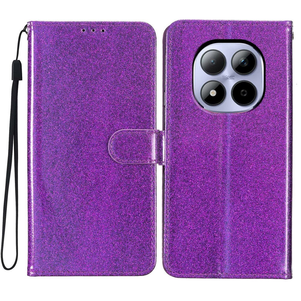 For Xiaomi Redmi Note 15 Pro 5G (Global) Wallet Case Glitter Anti-Scratch Leather Stand Phone Cover with Strap - Purple