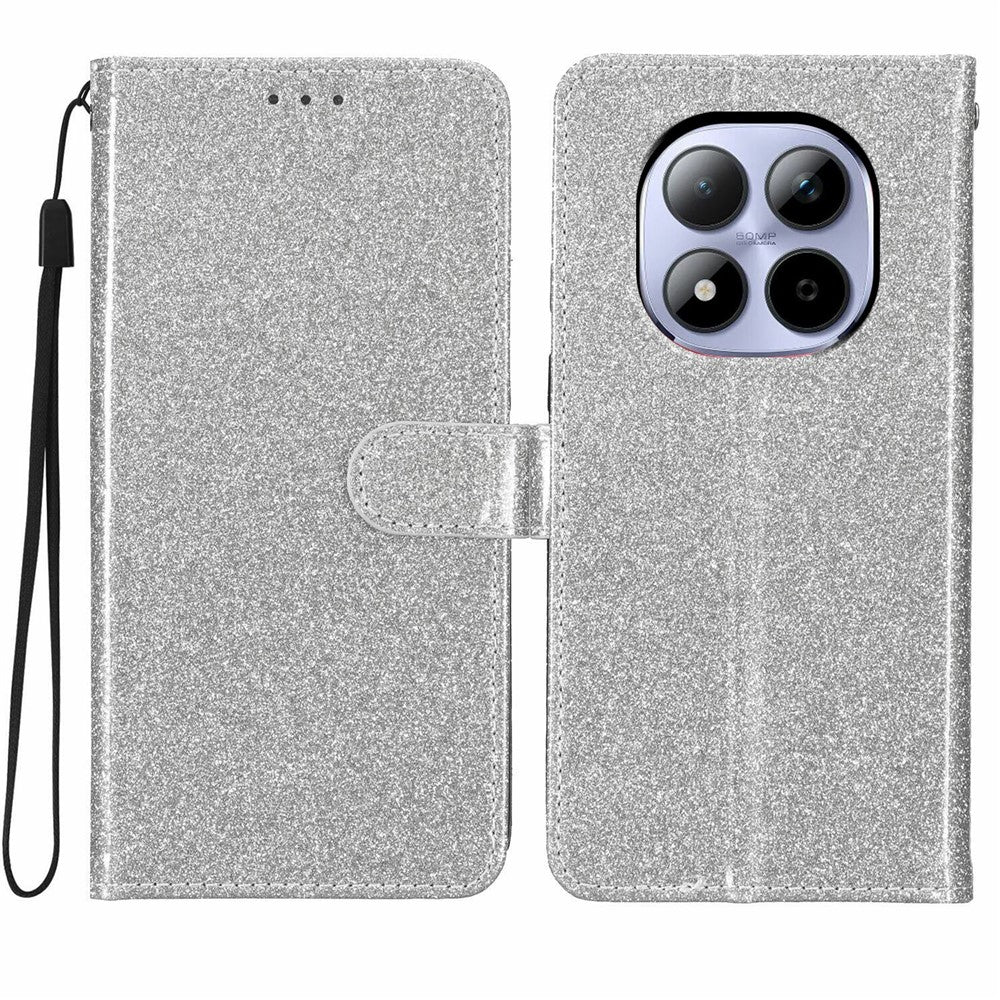 For Xiaomi Redmi Note 15 Pro 5G (Global) Wallet Case Glitter Anti-Scratch Leather Stand Phone Cover with Strap - Silver