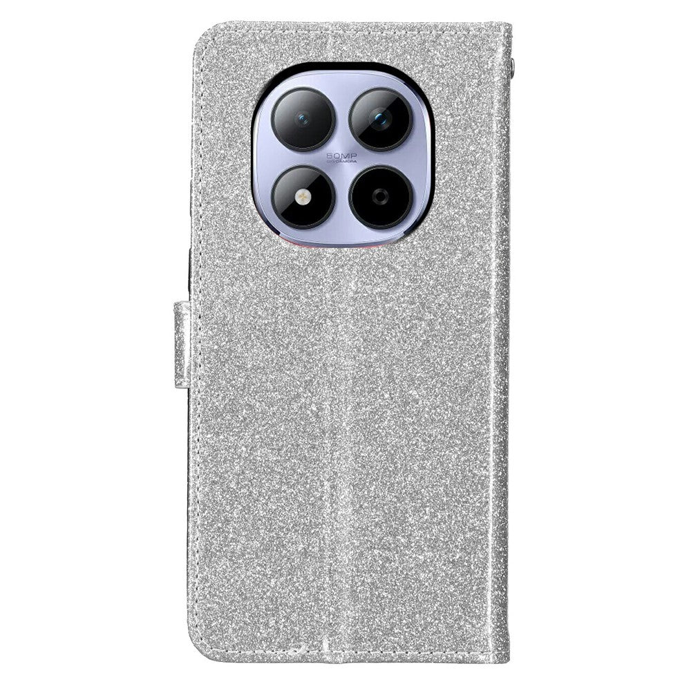 For Xiaomi Redmi Note 15 Pro 5G (Global) Wallet Case Glitter Anti-Scratch Leather Stand Phone Cover with Strap - Silver
