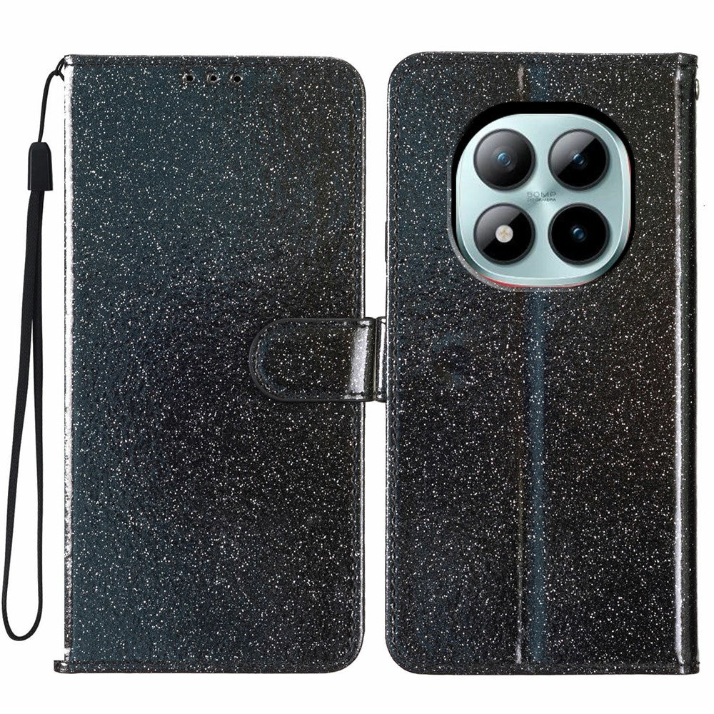 For Xiaomi Poco M8 Pro 5G / Redmi Note 15 Pro+ 5G (Global) Wallet Case Glitter Anti-Scratch Leather Stand Phone Cover with Strap - Black