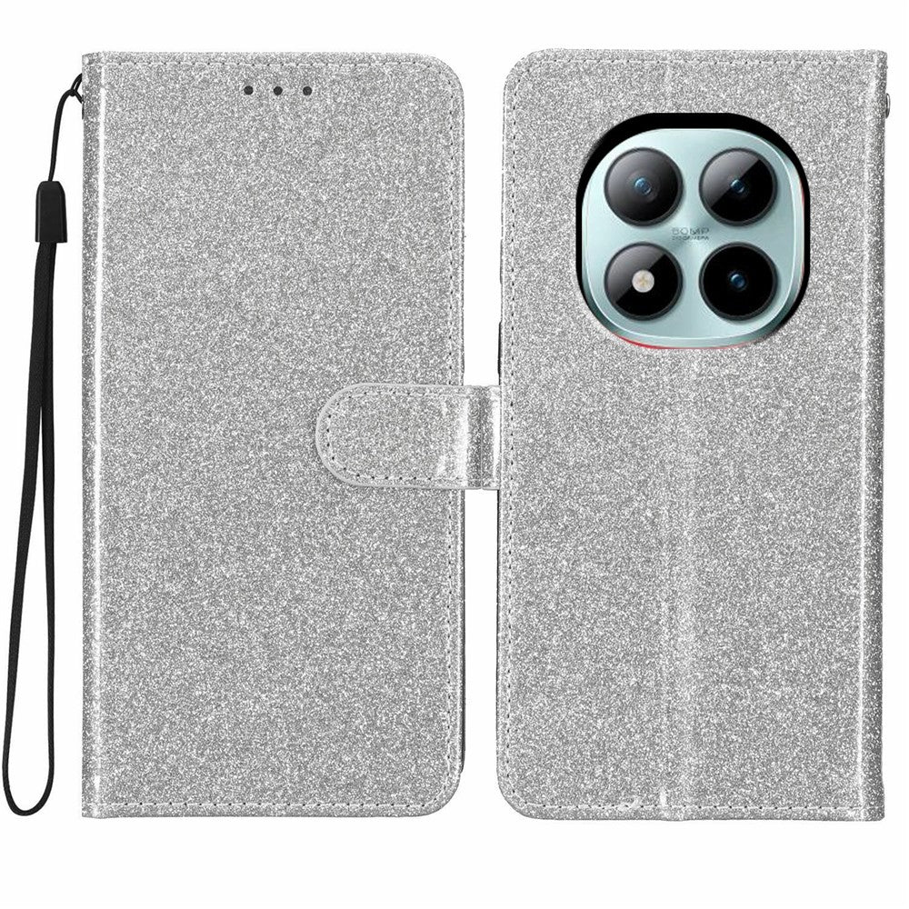 For Xiaomi Poco M8 Pro 5G / Redmi Note 15 Pro+ 5G (Global) Wallet Case Glitter Anti-Scratch Leather Stand Phone Cover with Strap - Silver