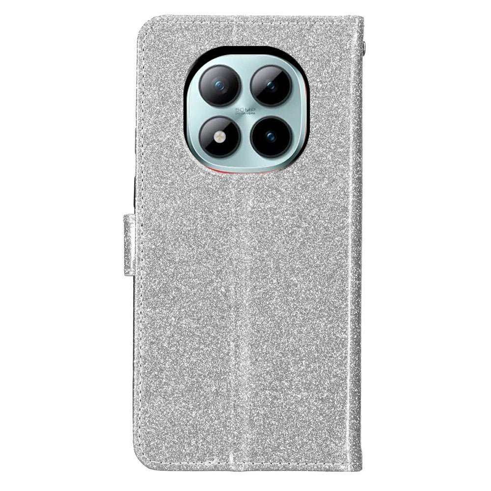 For Xiaomi Poco M8 Pro 5G / Redmi Note 15 Pro+ 5G (Global) Wallet Case Glitter Anti-Scratch Leather Stand Phone Cover with Strap - Silver