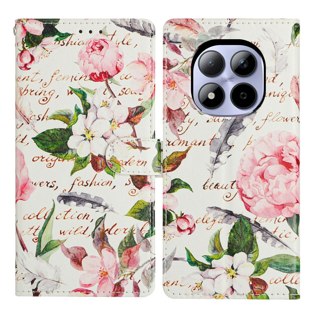 For Xiaomi Redmi Note 15 Pro 5G (Global) Case Pattern Printing Wallet Stand Flip Leather Phone Cover with Strap - Green Leaves Flowers