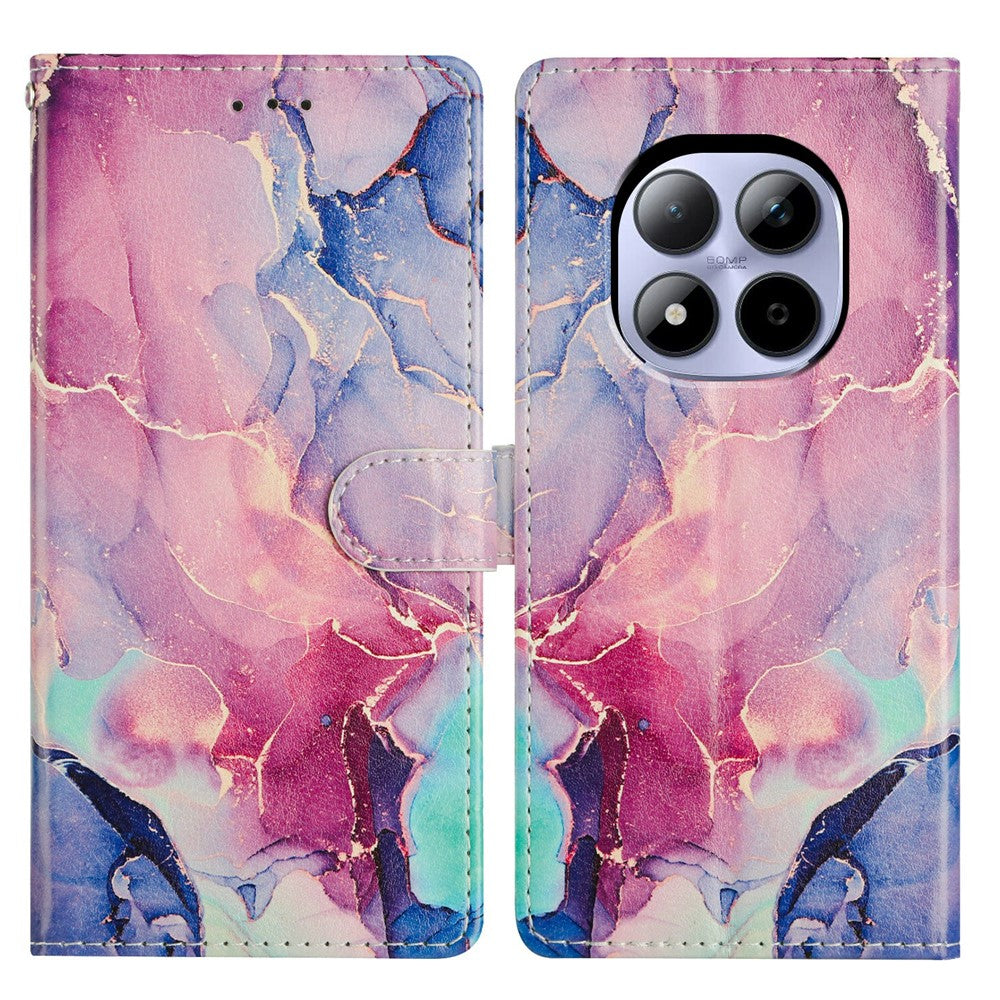 For Xiaomi Redmi Note 15 Pro 5G (Global) Case Pattern Printing Wallet Stand Flip Leather Phone Cover with Strap - Green Pink Marble