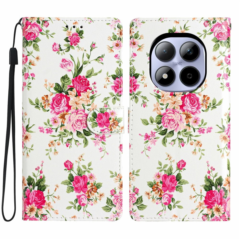 For Xiaomi Redmi Note 15 Pro 5G (Global) Wallet Case PU Leather Pattern Printing Stand Phone Cover with Strap - Red Flowers