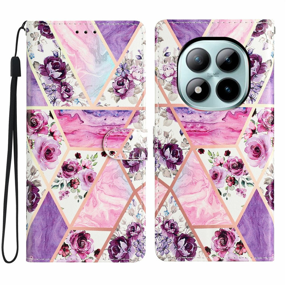 For Xiaomi Poco M8 Pro 5G / Redmi Note 15 Pro+ 5G (Global) Wallet Case PU Leather Pattern Printing Stand Phone Cover with Strap - Purple Flowers