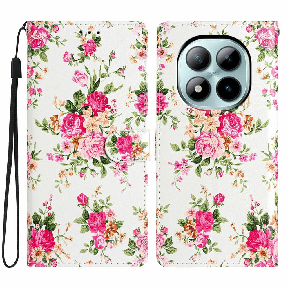 For Xiaomi Poco M8 Pro 5G / Redmi Note 15 Pro+ 5G (Global) Wallet Case PU Leather Pattern Printing Stand Phone Cover with Strap - Red Flowers
