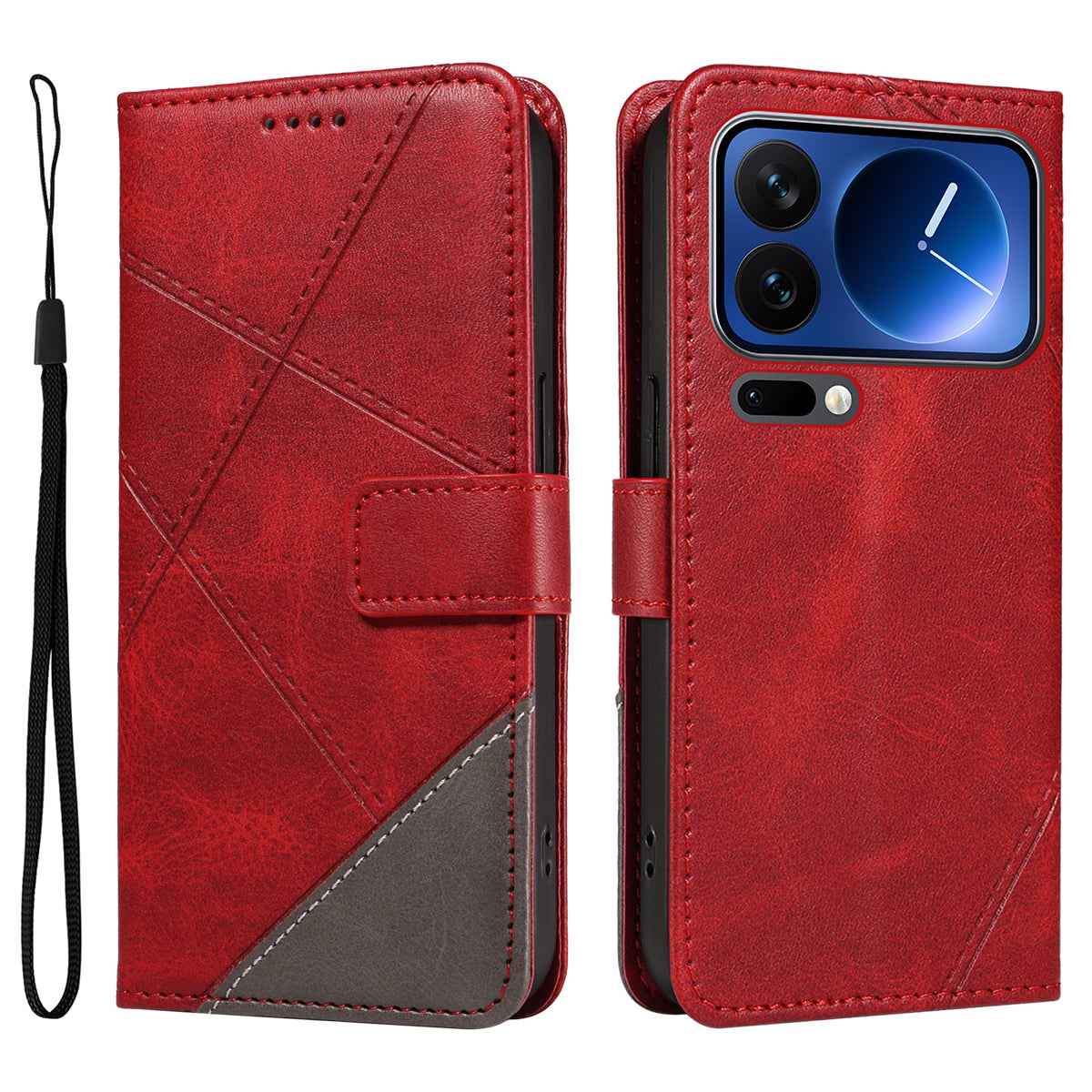 For Xiaomi 17 Pro Leather Case Geometric Line Design Wallet Phone Cover with Wrist Strap - Red