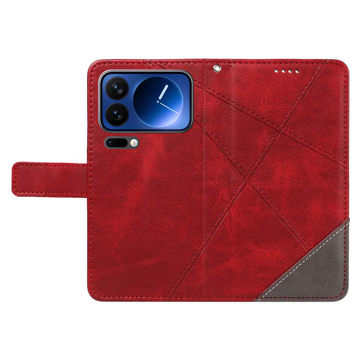 For Xiaomi 17 Pro Leather Case Geometric Line Design Wallet Phone Cover with Wrist Strap - Red