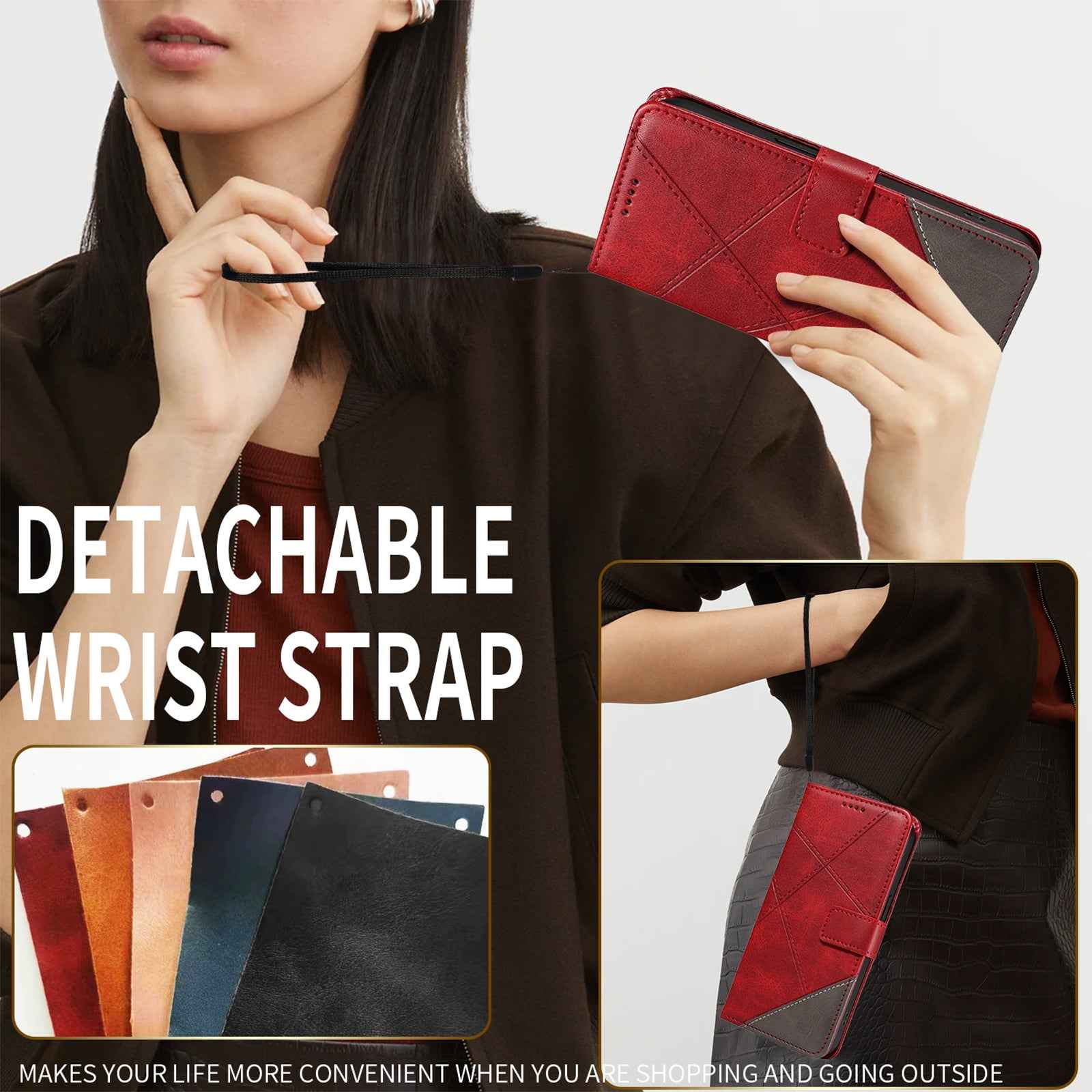 For Xiaomi 17 Pro Leather Case Geometric Line Design Wallet Phone Cover with Wrist Strap - Red