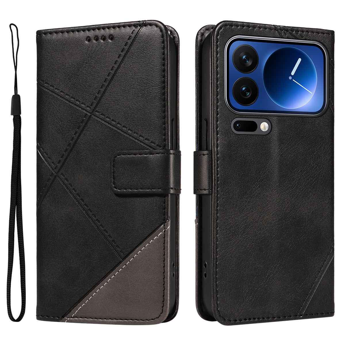 For Xiaomi 17 Pro Leather Case Geometric Line Design Wallet Phone Cover with Wrist Strap - Black
