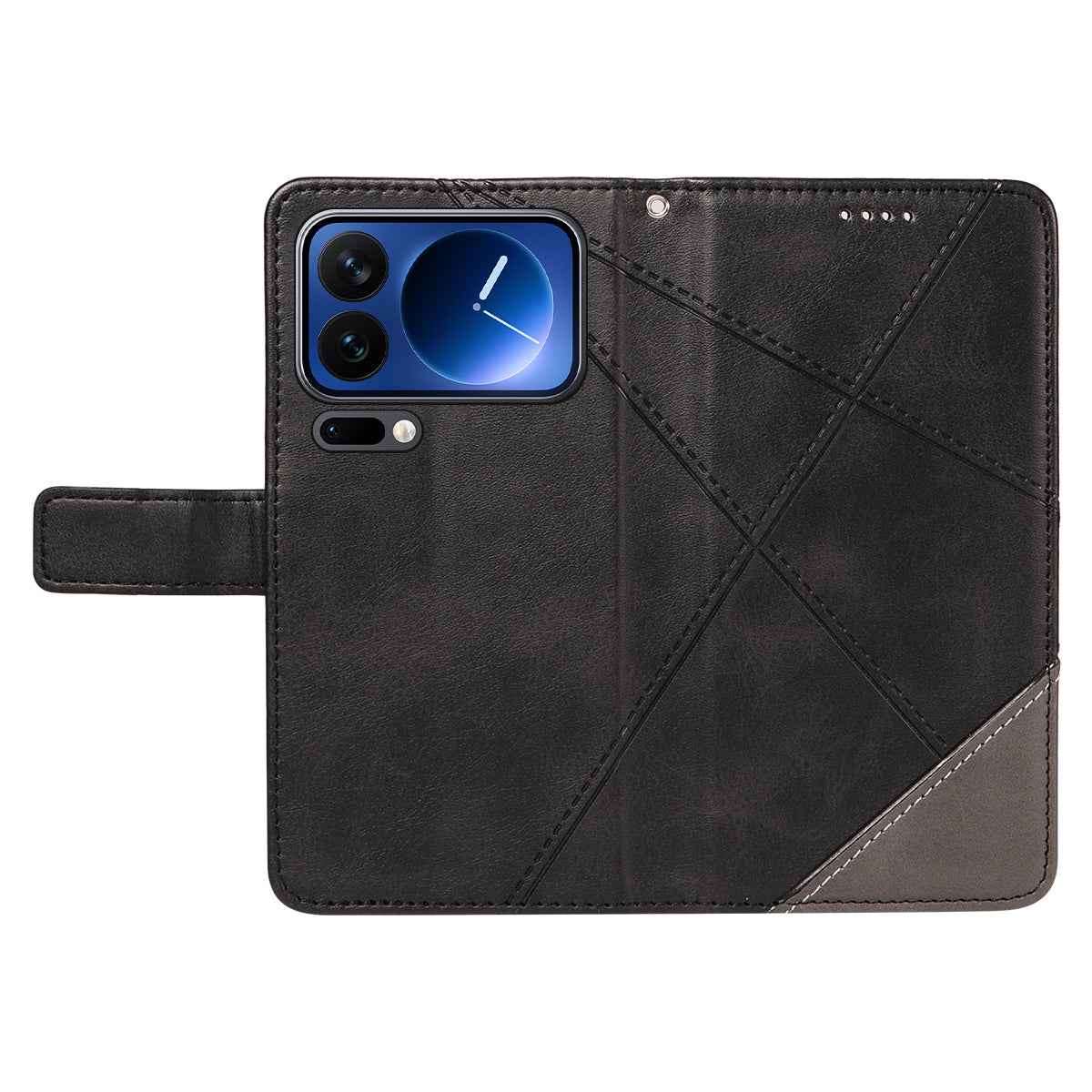 For Xiaomi 17 Pro Leather Case Geometric Line Design Wallet Phone Cover with Wrist Strap - Black
