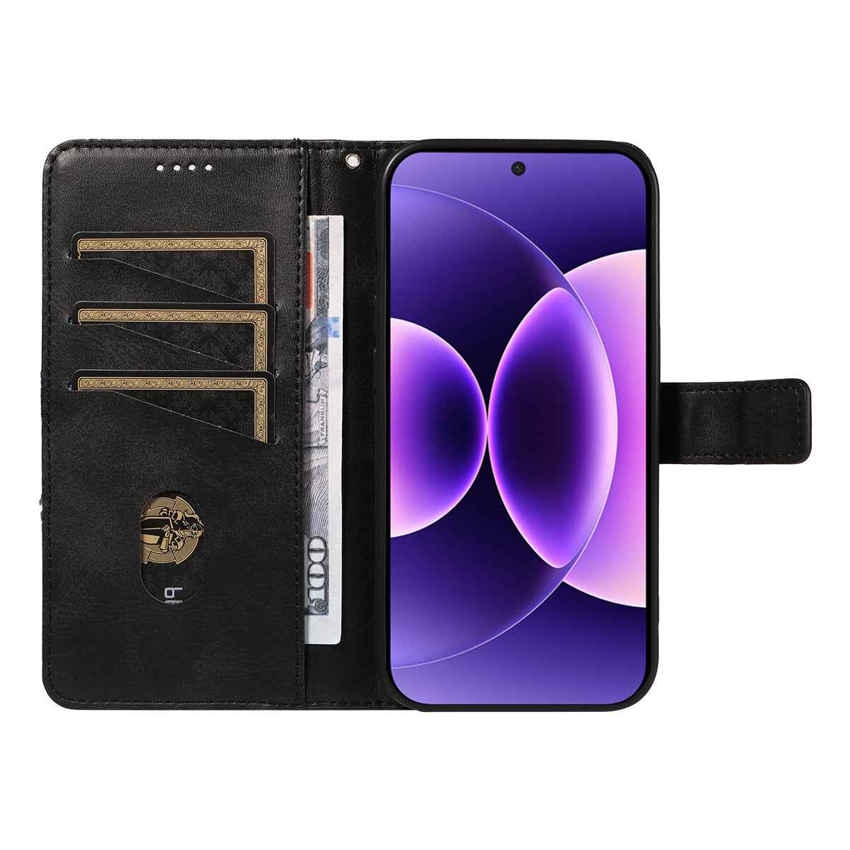For Xiaomi 17 Pro Leather Case Geometric Line Design Wallet Phone Cover with Wrist Strap - Black