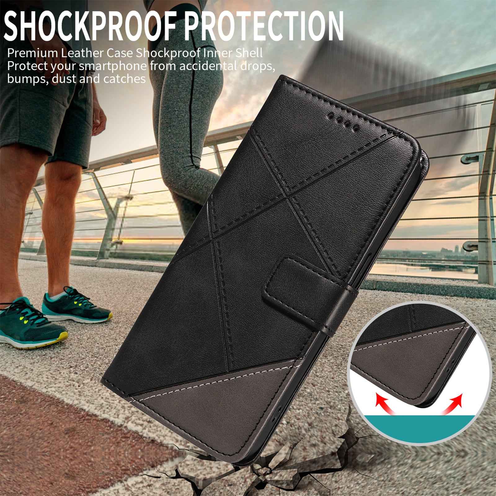 For Xiaomi 17 Pro Leather Case Geometric Line Design Wallet Phone Cover with Wrist Strap - Black