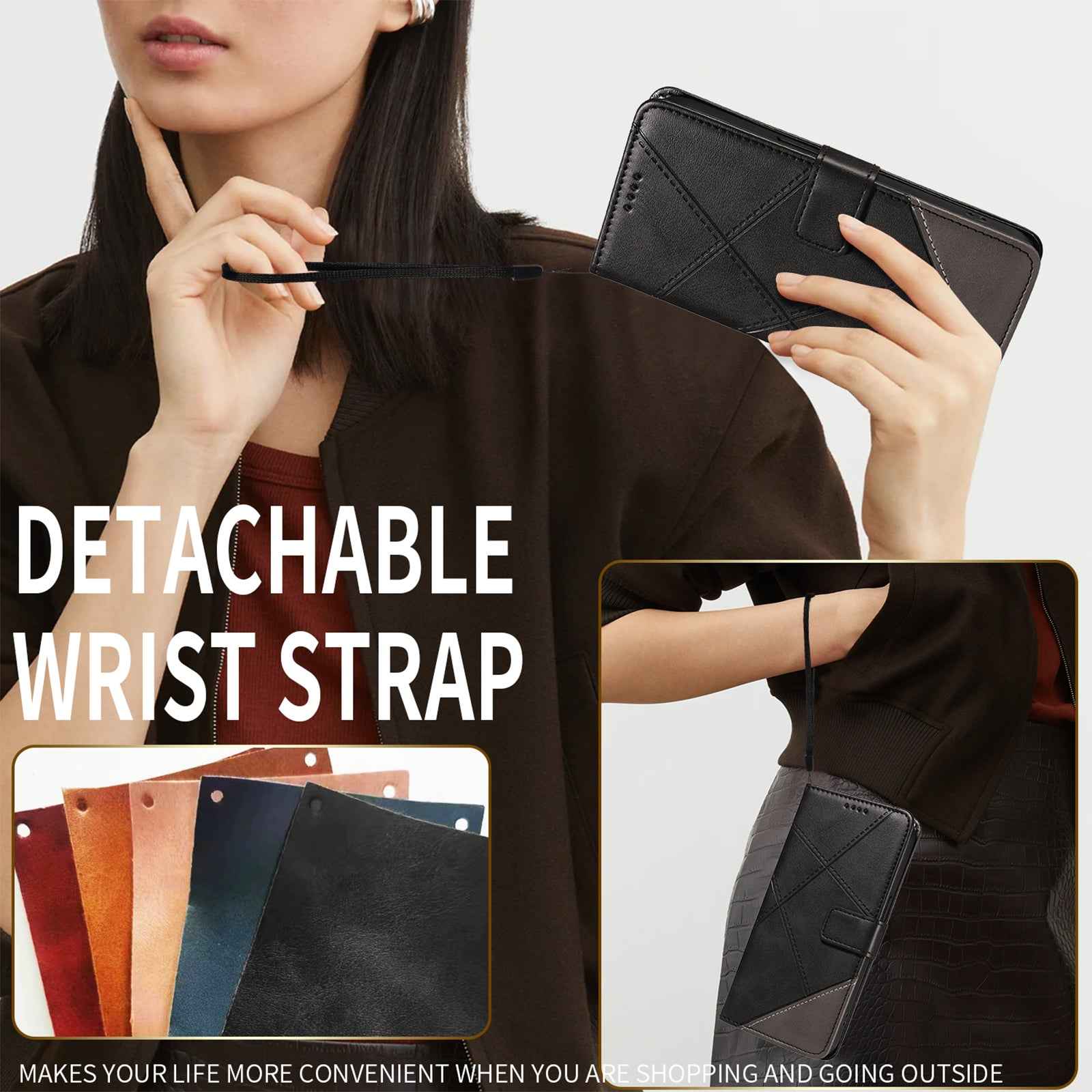 For Xiaomi 17 Pro Leather Case Geometric Line Design Wallet Phone Cover with Wrist Strap - Black