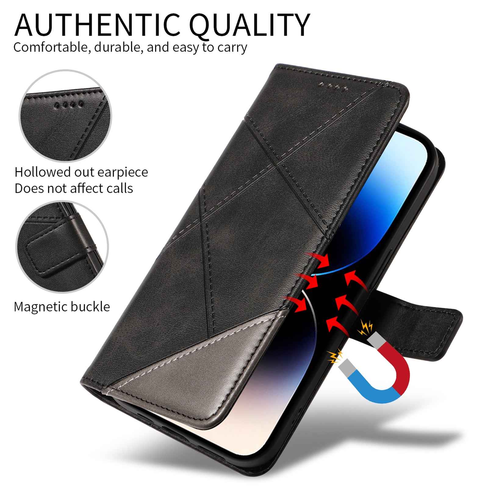 For Xiaomi 17 Pro Leather Case Geometric Line Design Wallet Phone Cover with Wrist Strap - Black