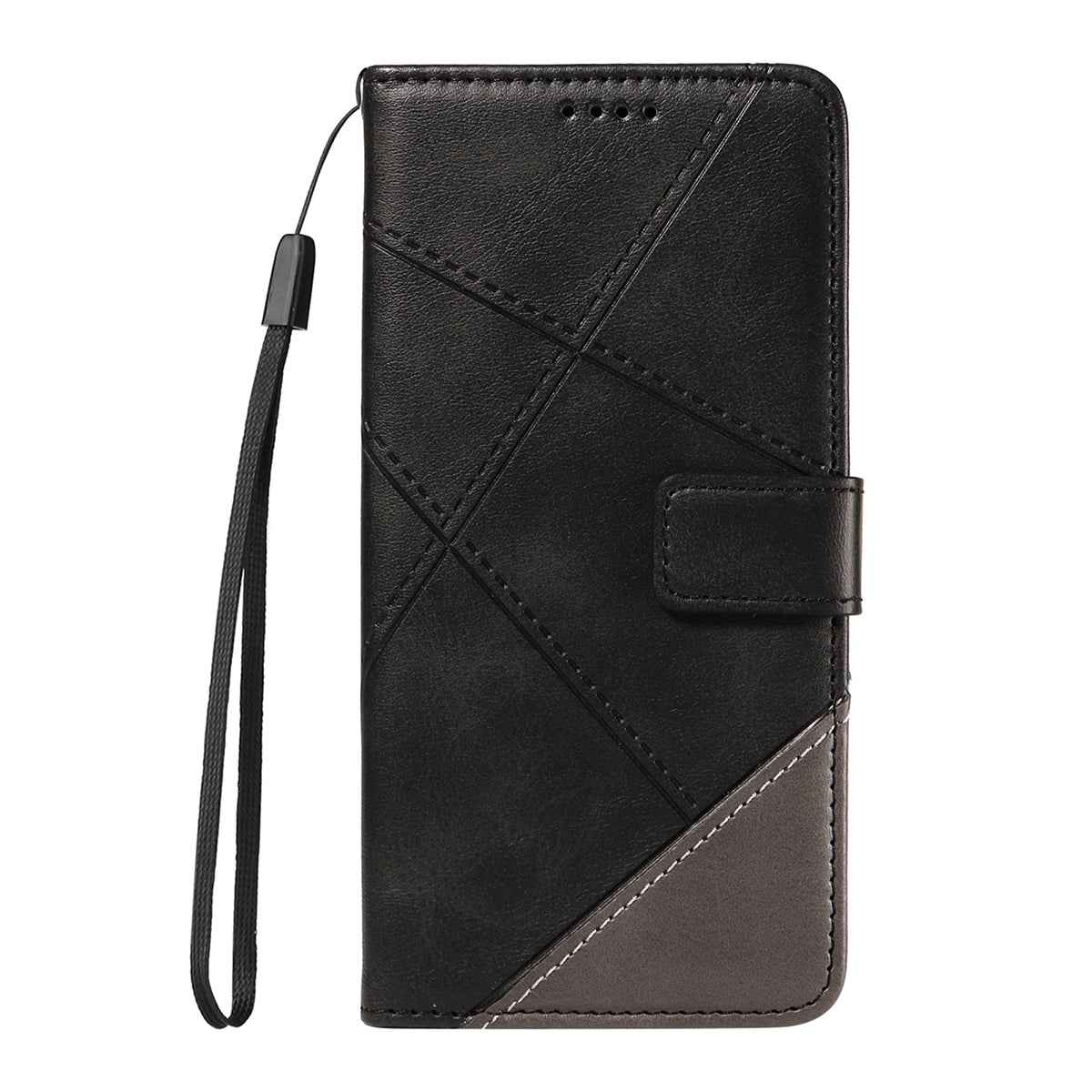 For Xiaomi 17 Pro Leather Case Geometric Line Design Wallet Phone Cover with Wrist Strap - Black