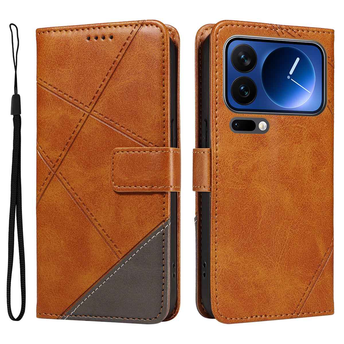 For Xiaomi 17 Pro Leather Case Geometric Line Design Wallet Phone Cover with Wrist Strap - Brown