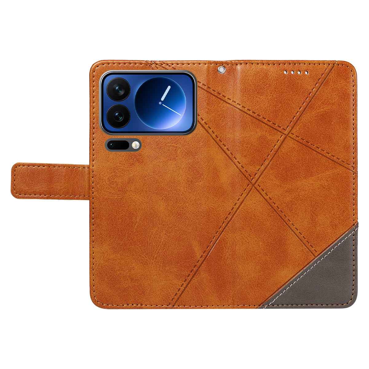 For Xiaomi 17 Pro Leather Case Geometric Line Design Wallet Phone Cover with Wrist Strap - Brown