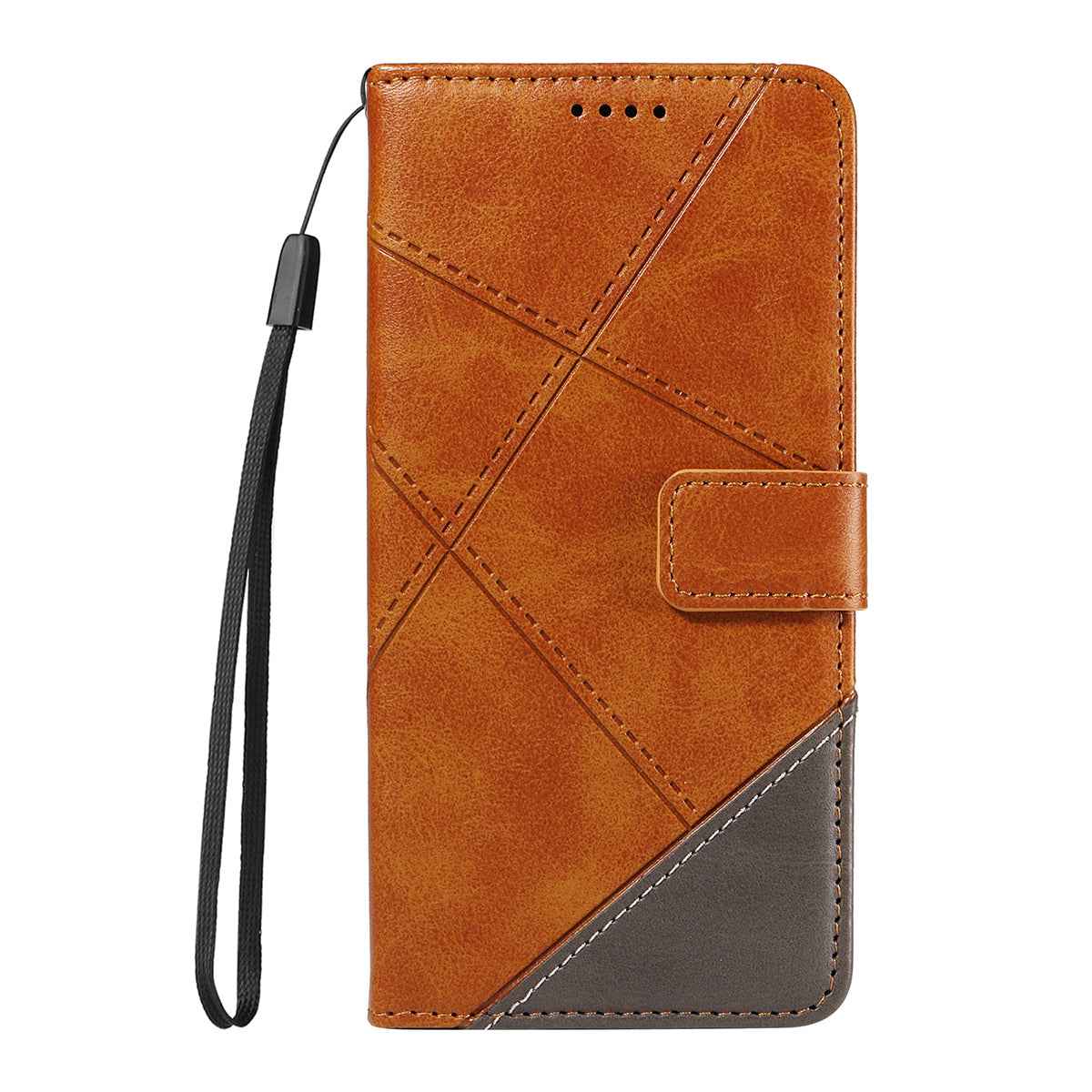 For Xiaomi 17 Pro Leather Case Geometric Line Design Wallet Phone Cover with Wrist Strap - Brown