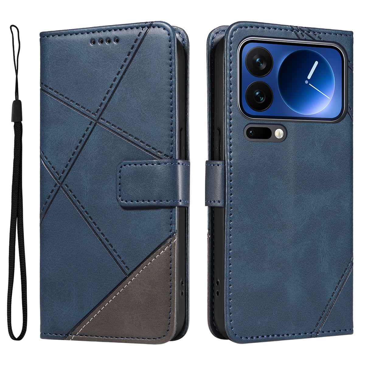 For Xiaomi 17 Pro Leather Case Geometric Line Design Wallet Phone Cover with Wrist Strap - Blue