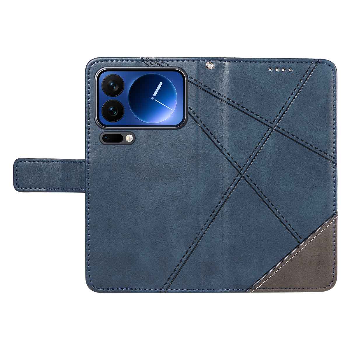 For Xiaomi 17 Pro Leather Case Geometric Line Design Wallet Phone Cover with Wrist Strap - Blue