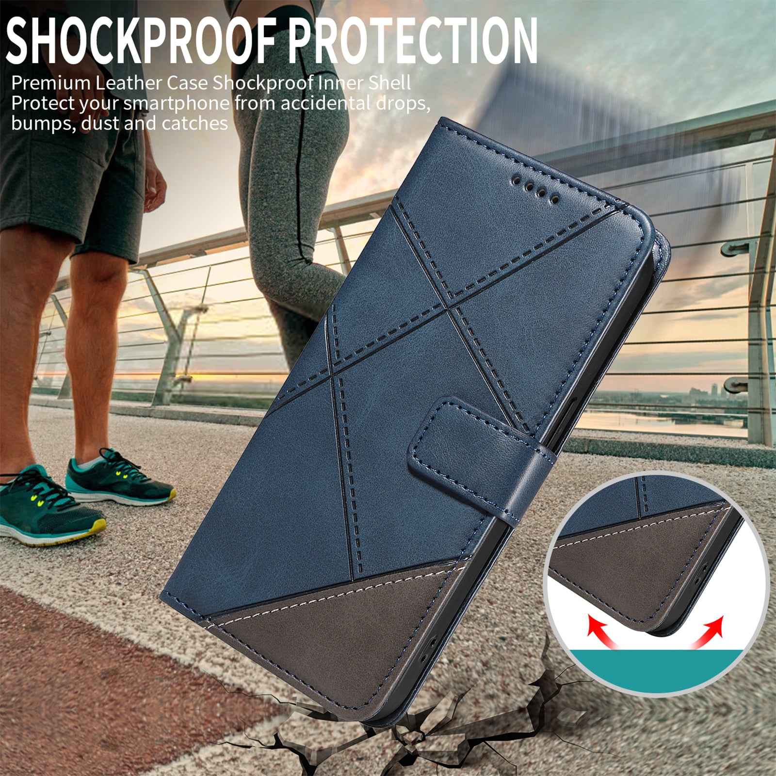 For Xiaomi 17 Pro Leather Case Geometric Line Design Wallet Phone Cover with Wrist Strap - Blue