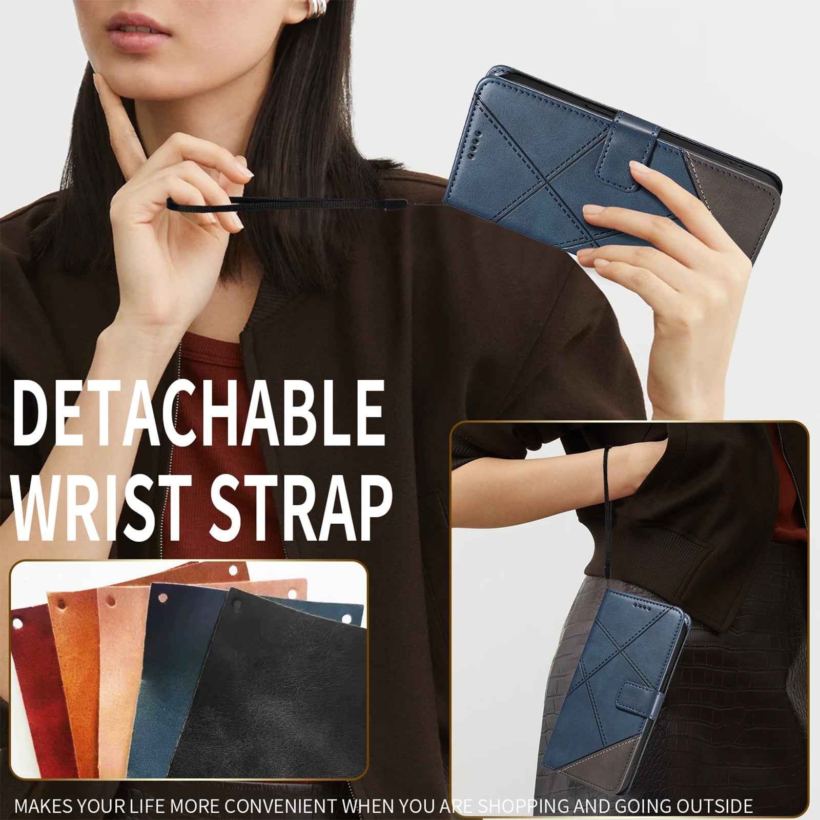 For Xiaomi 17 Pro Leather Case Geometric Line Design Wallet Phone Cover with Wrist Strap - Blue