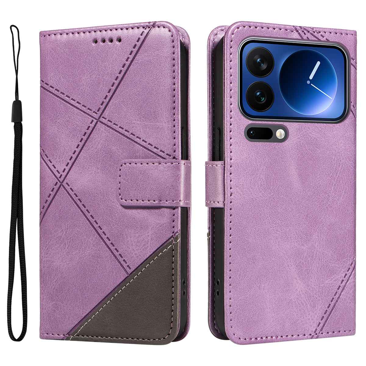 For Xiaomi 17 Pro Leather Case Geometric Line Design Wallet Phone Cover with Wrist Strap - Purple