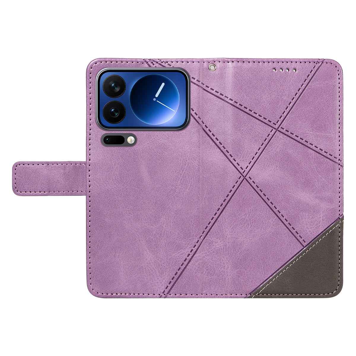 For Xiaomi 17 Pro Leather Case Geometric Line Design Wallet Phone Cover with Wrist Strap - Purple