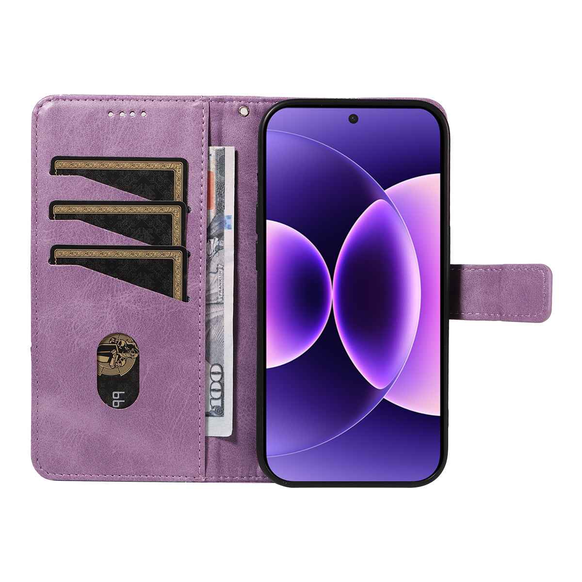 For Xiaomi 17 Pro Leather Case Geometric Line Design Wallet Phone Cover with Wrist Strap - Purple