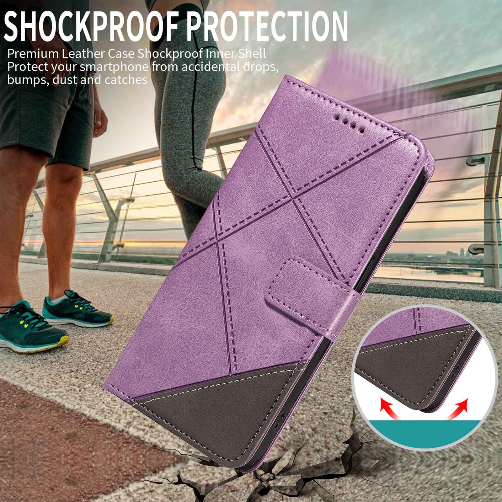 For Xiaomi 17 Pro Leather Case Geometric Line Design Wallet Phone Cover with Wrist Strap - Purple