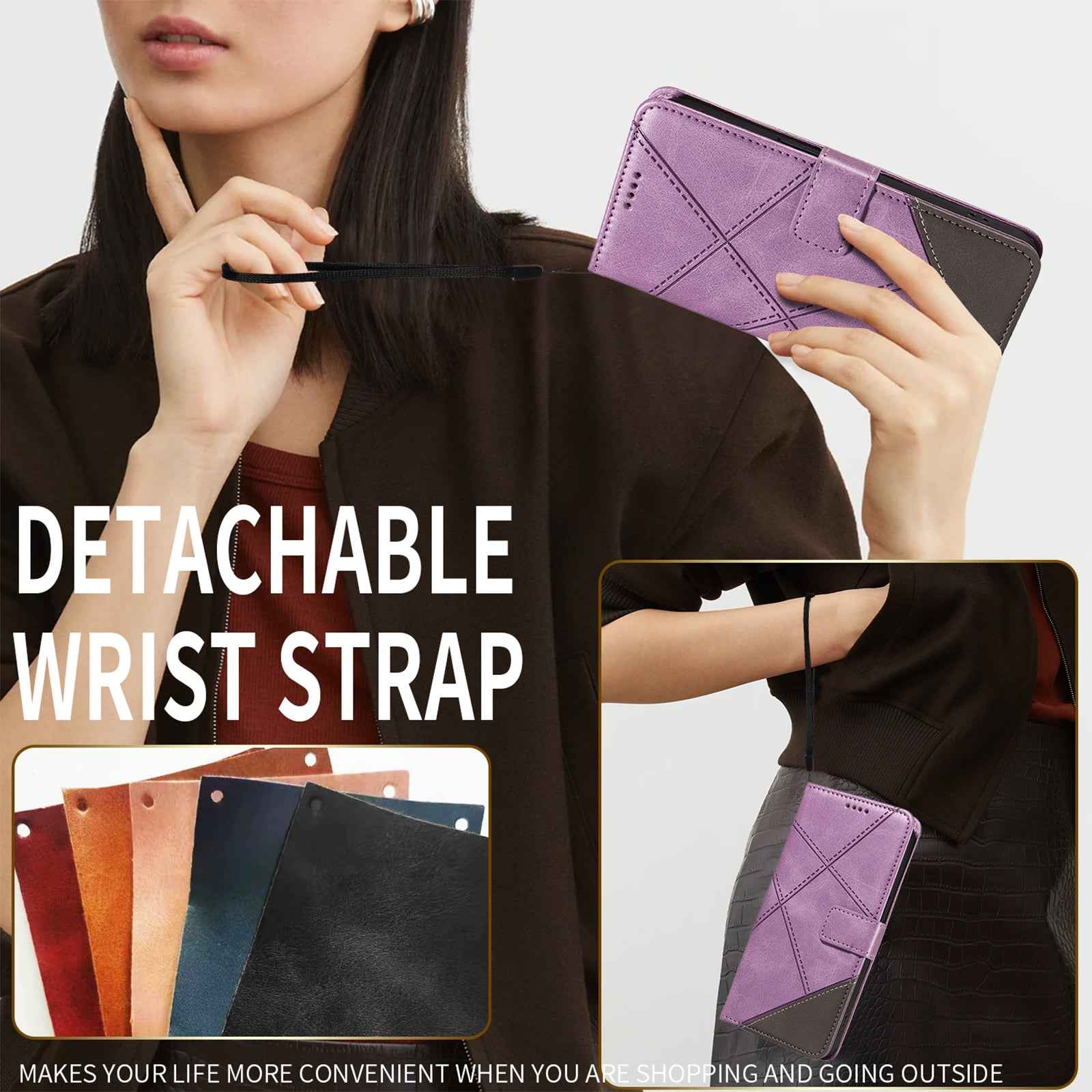For Xiaomi 17 Pro Leather Case Geometric Line Design Wallet Phone Cover with Wrist Strap - Purple