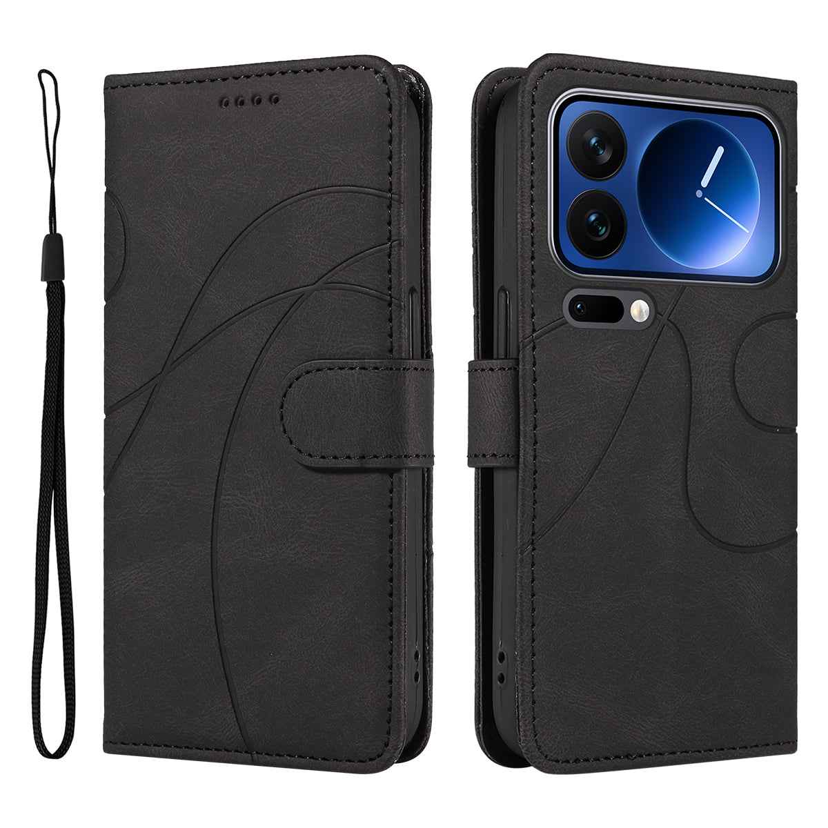 For Xiaomi 17 Pro Wallet Case Leather Phone Cover Stand with Curved Line Design -  Black