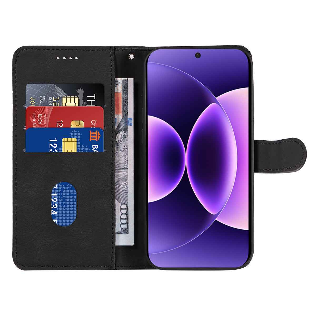 For Xiaomi 17 Pro Wallet Case Leather Phone Cover Stand with Curved Line Design -  Black