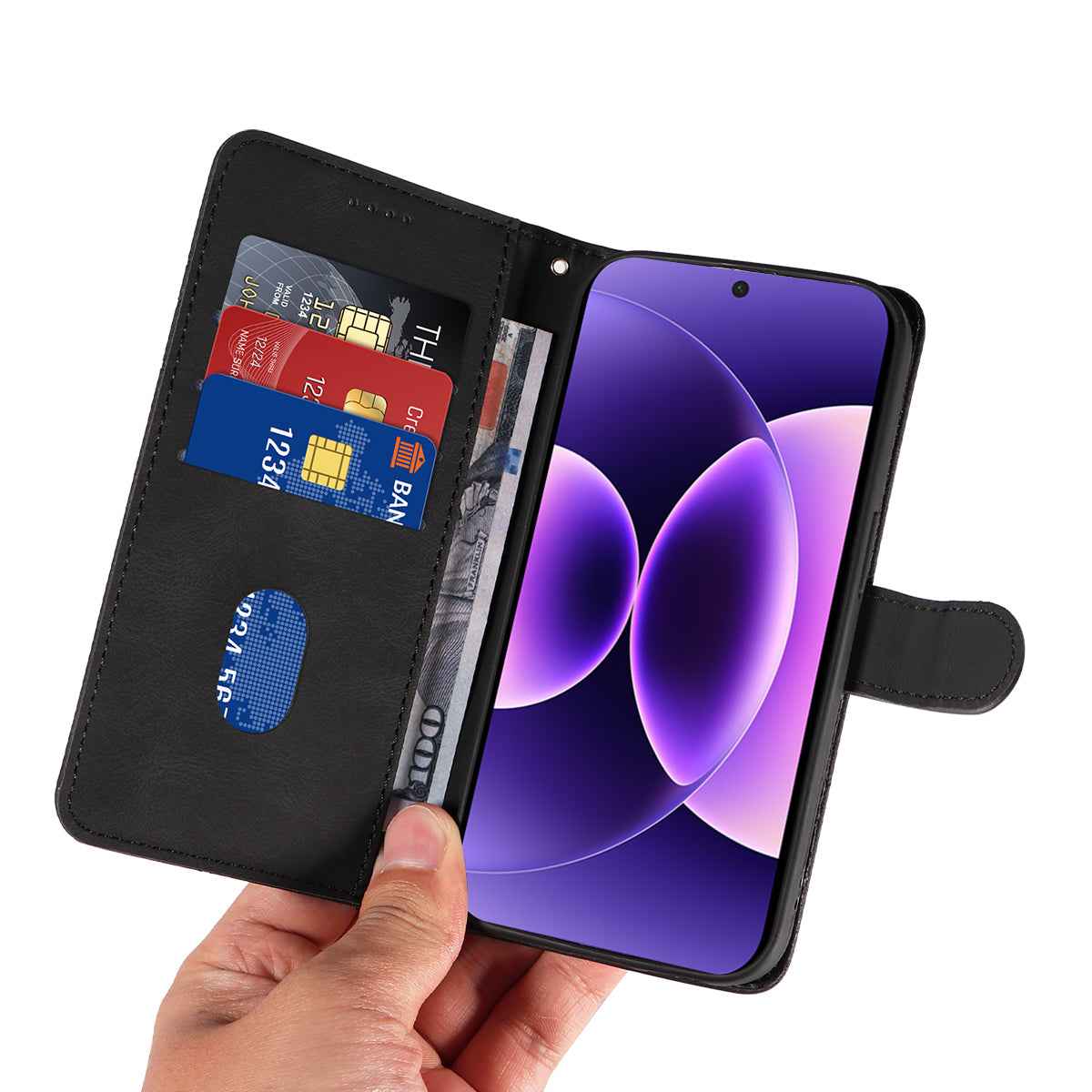 For Xiaomi 17 Pro Wallet Case Leather Phone Cover Stand with Curved Line Design -  Black