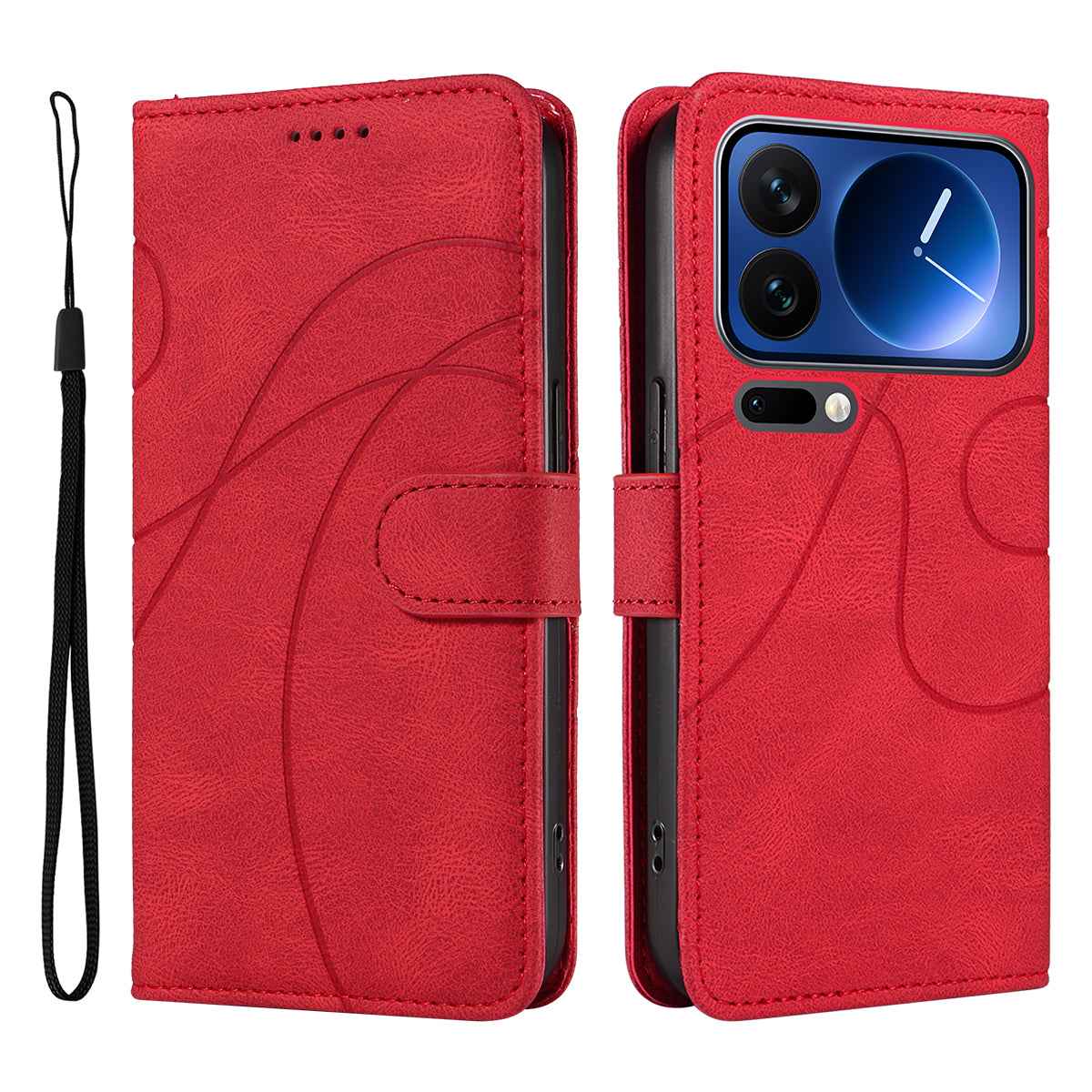 For Xiaomi 17 Pro Wallet Case Leather Phone Cover Stand with Curved Line Design - Red