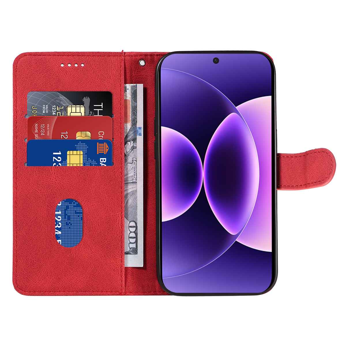 For Xiaomi 17 Pro Wallet Case Leather Phone Cover Stand with Curved Line Design - Red