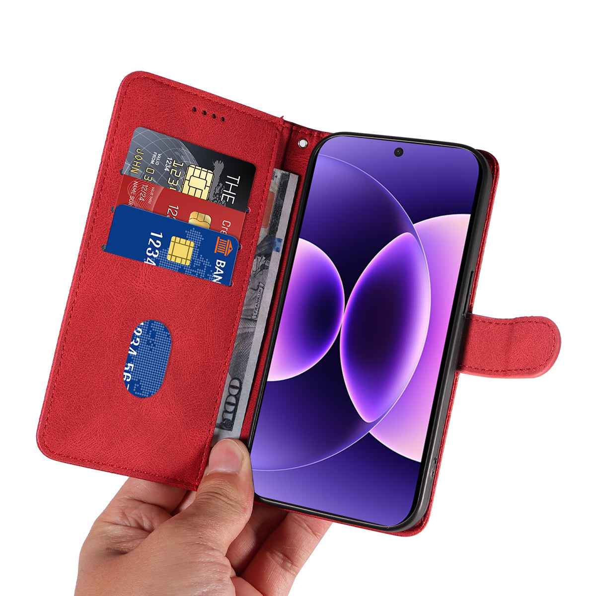 For Xiaomi 17 Pro Wallet Case Leather Phone Cover Stand with Curved Line Design - Red