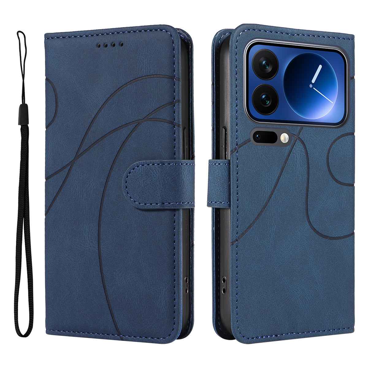 For Xiaomi 17 Pro Wallet Case Leather Phone Cover Stand with Curved Line Design - Blue