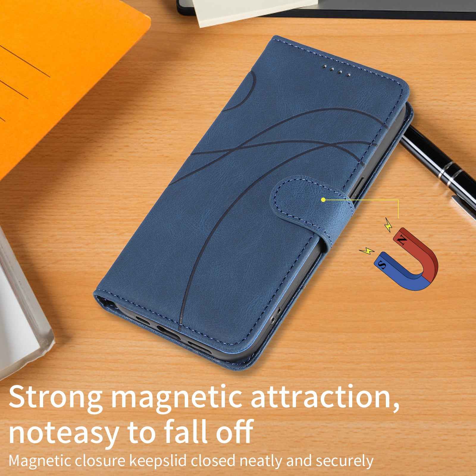 For Xiaomi 17 Pro Wallet Case Leather Phone Cover Stand with Curved Line Design - Blue